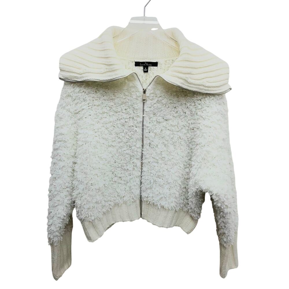Love Tree White Shaggy Faux Fur Full Zip Sweater Jacket Size Small